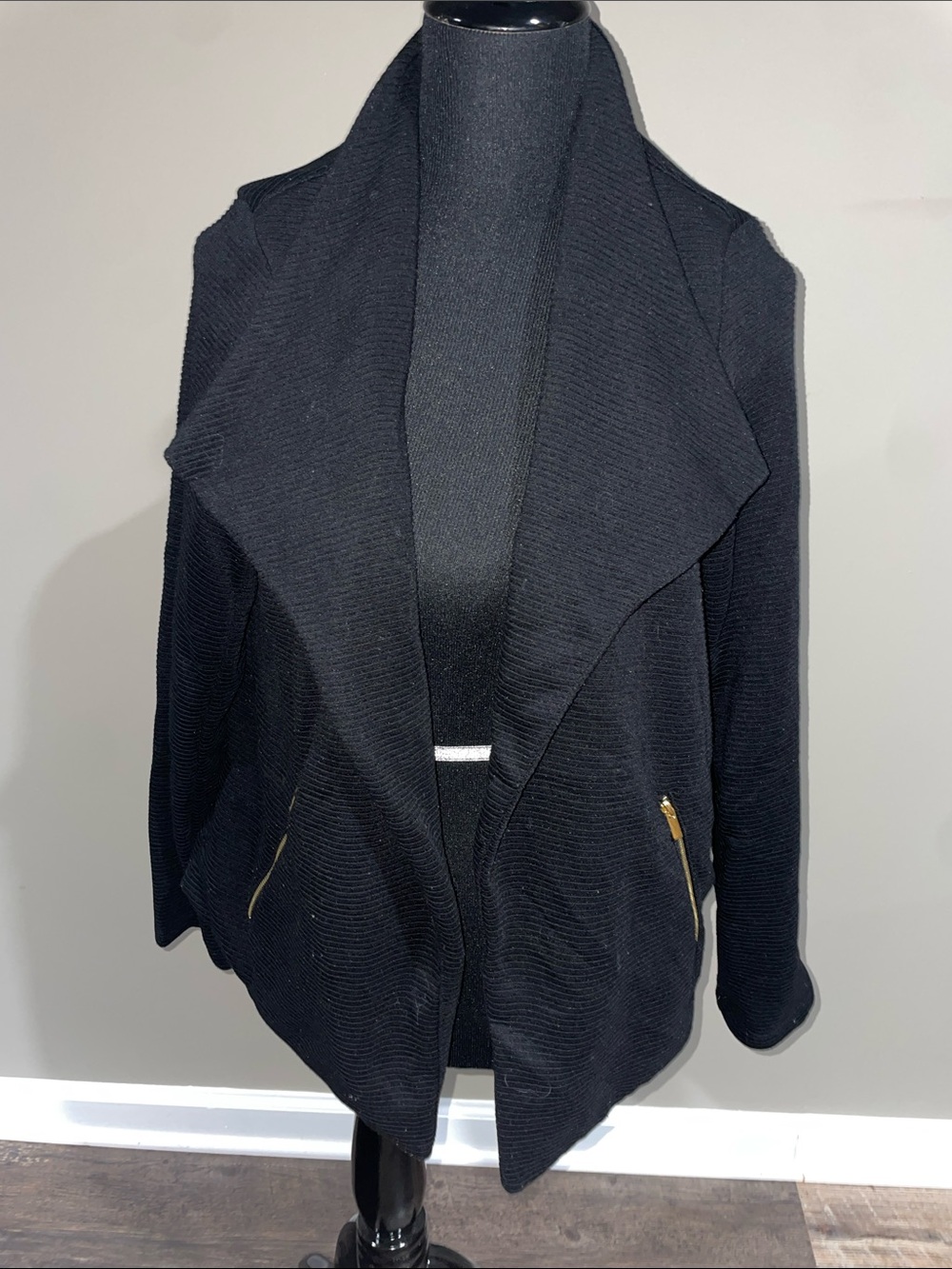 Premise Black Open-Front Draped Cardigan with Gold Zips